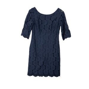 Lilly Pulitzer Shana Navy Blue Floral Eyelet Empire Waist Dress size 10 Feminine